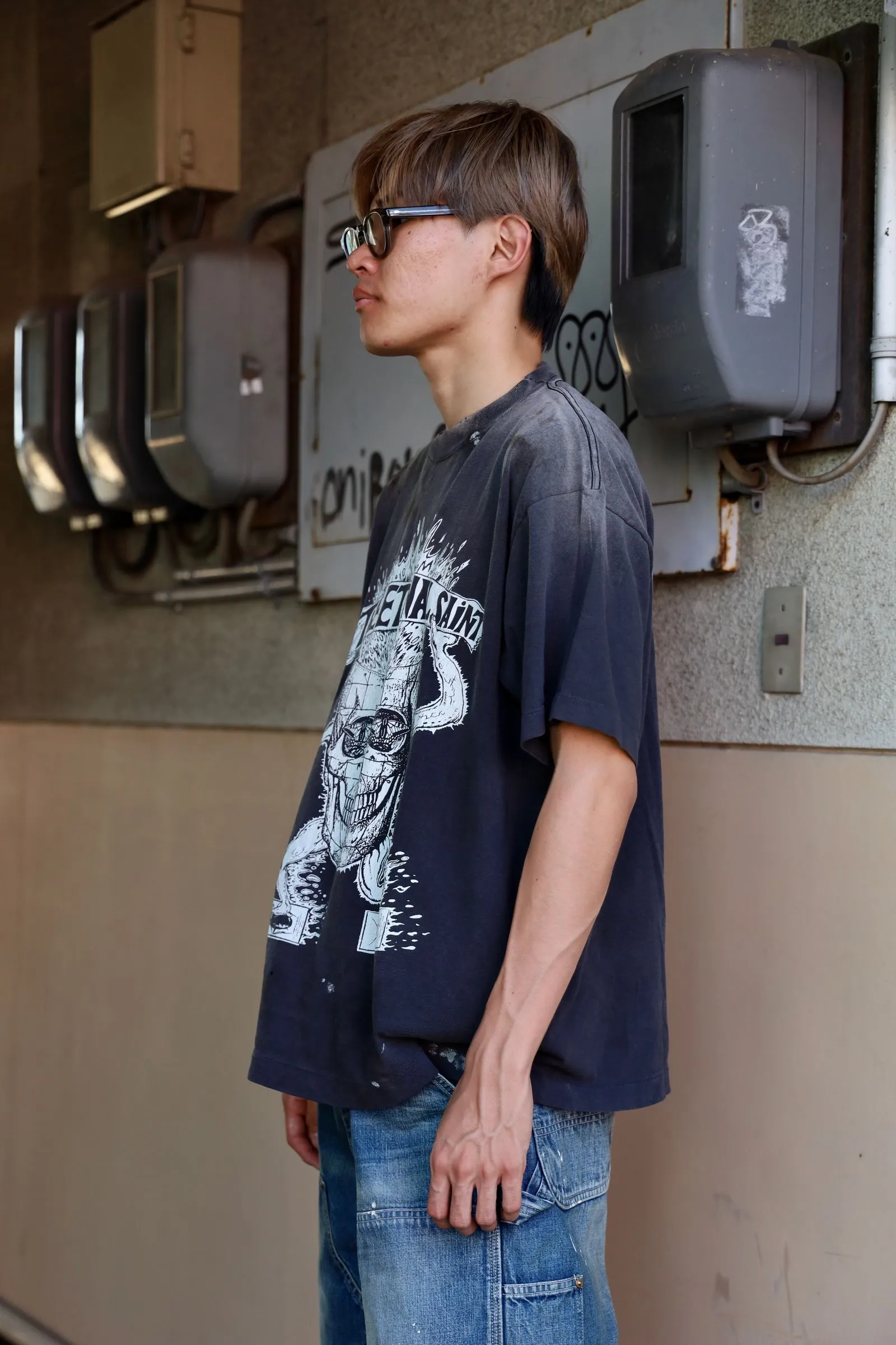 SAINT Mxxxxxx SS TEE/THE ETERNAL/BLK Latest Skeleton Beetle Distressed Sulfur Dyeing Retro Short Sleeves Washed Black S-XL Garment Dyeing Rewashed for Distressed Horse Replacement Faded Top Printing Technology Simulates Natural Distressed Style Really Correct Version Original Consistent Main Mark/Washed Mark/Angel Anti-Counterfeiting Mark